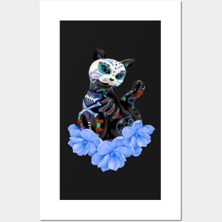 Day Of The Dead Sugar Skull Cat Blue Flowers Posters and Art